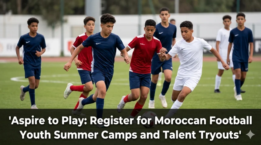 Young Moroccan football players participating in a summer training camp and talent tryout, demonstrating skills in front of coaches and scouts on a professional football field.