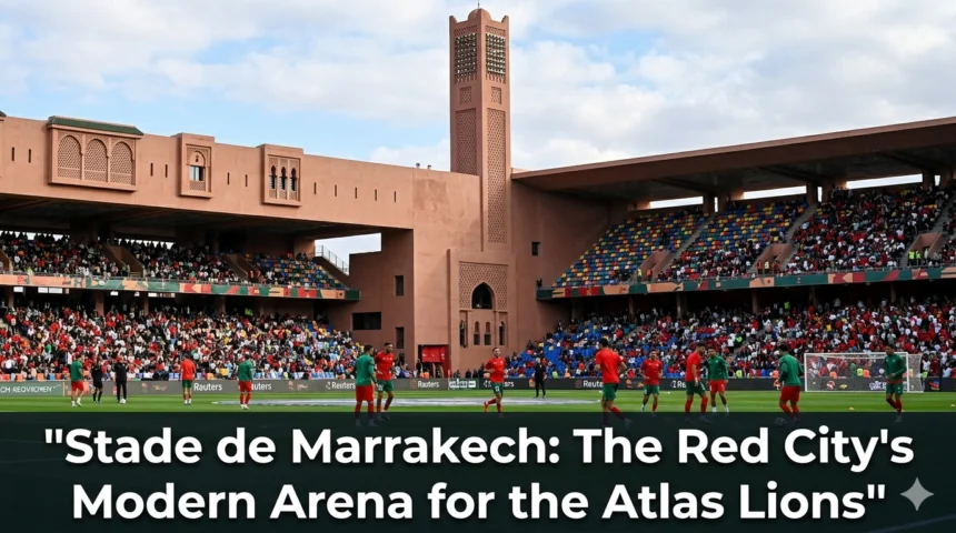 Stade de Marrakech, a modern football stadium in Marrakech, Morocco, hosting Atlas Lions matches and major international football events with the Atlas Mountains in the background.