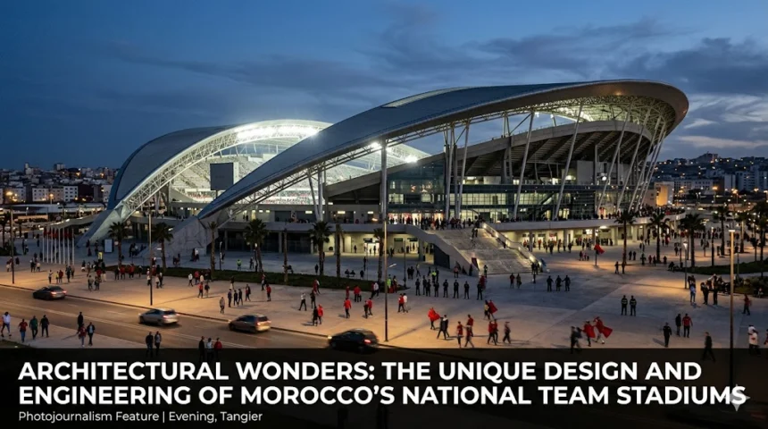 Architectural wonders Morocco Atlas Lions stadiums unique design engineering Hassan II aluminium lattice rooftop gardens moussem 115000