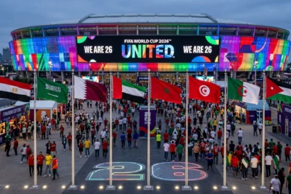 Eight Arab national football teams standing together at the 2026 FIFA World Cup, symbolizing a historic milestone for Arab football on the global stage.