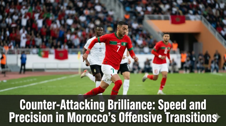 Morocco national team players launching a rapid counter-attack, sprinting forward with speed and precision after winning possession during an international football match.