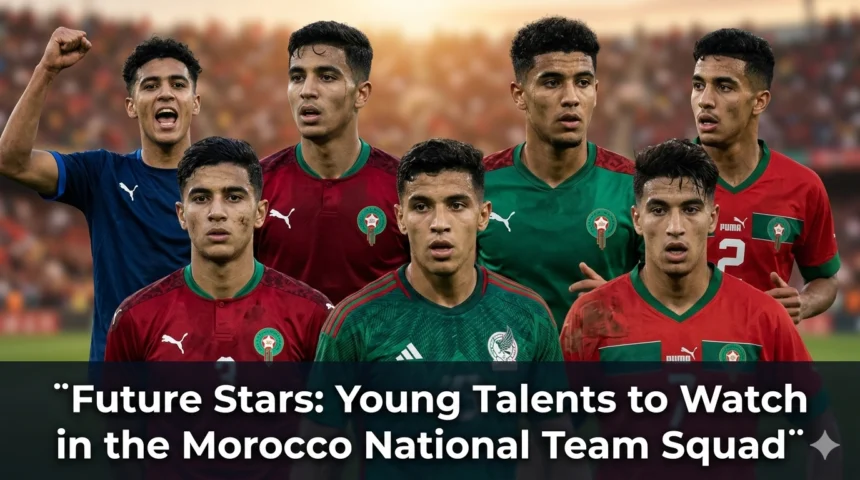 Young Morocco national team footballers training and celebrating together, showcasing the next generation of Atlas Lions talent poised to make an impact on the international stage.