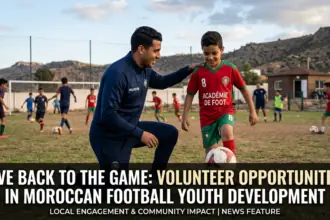 Volunteers assisting young football players at a Moroccan youth academy, helping with coaching, event organization, and player development activities on a football training field.