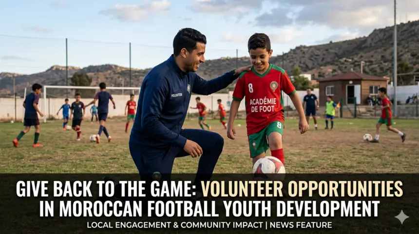 Volunteers assisting young football players at a Moroccan youth academy, helping with coaching, event organization, and player development activities on a football training field.