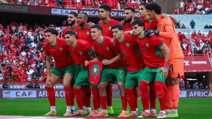 Morocco national team forwards celebrating a goal during an international match, highlighting the attacking talent and goal-scoring ability of the Atlas Lions.