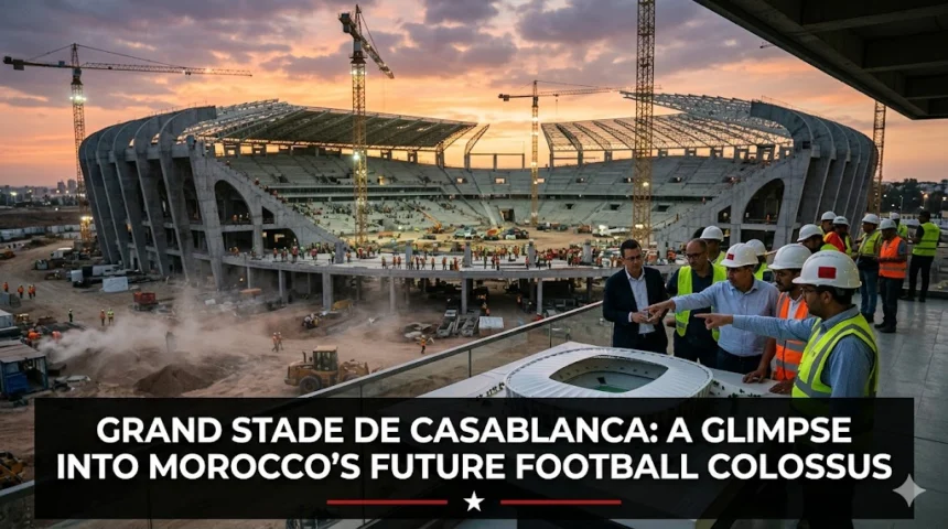 Grand Stade de Casablanca under development in Morocco, showcasing a futuristic football stadium design set to become one of the largest and most advanced sporting venues in the world.