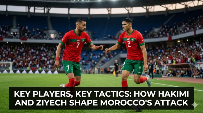Achraf Hakimi and Hakim Ziyech combining in attack for Morocco, using pace, creativity, overlapping runs, and precise crossing to create scoring opportunities for the Atlas Lions.