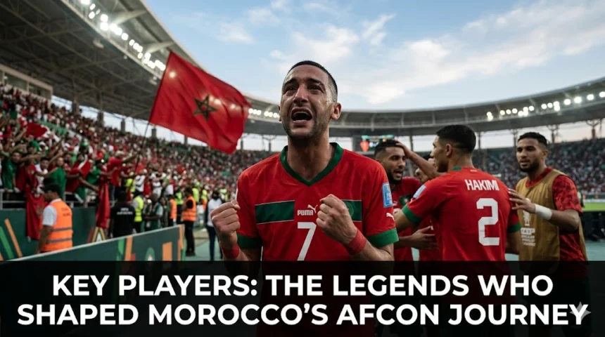 Legendary Morocco national team players from different generations celebrating success at the Africa Cup of Nations, representing the stars who shaped the Atlas Lions' continental legacy.