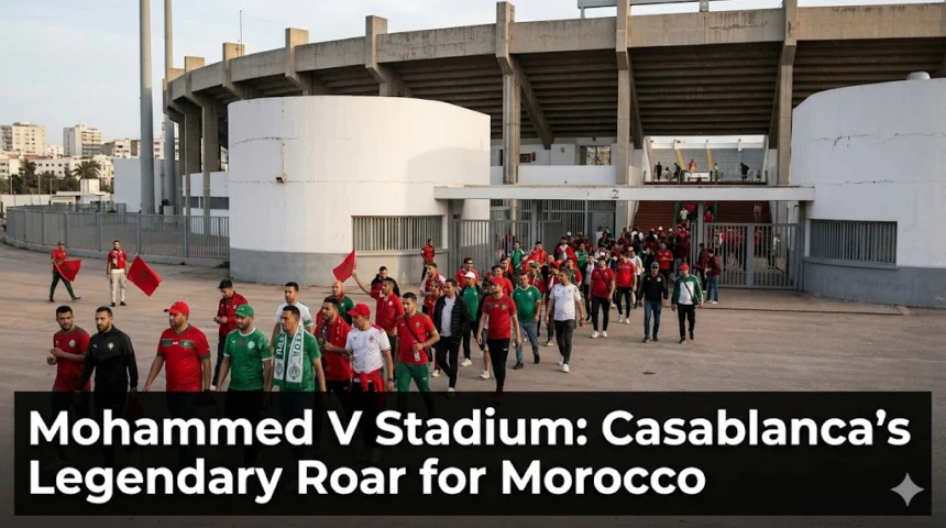 Mohammed V Stadium in Casablanca packed with passionate Moroccan football fans, creating an electrifying atmosphere during a Morocco national team match.