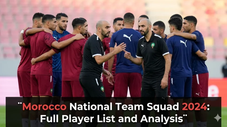 Morocco national team squad posing before an international match in 2024, featuring a blend of experienced stars and emerging talents representing the Atlas Lions.