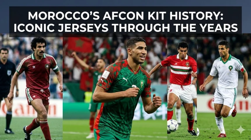 Collection of Morocco national team AFCON jerseys from different eras, showcasing the evolution of the Atlas Lions' iconic red and green football kits through the years.