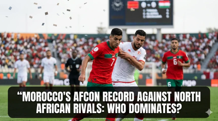 Morocco national team competing against North African rivals in Africa Cup of Nations matches, showcasing intense regional football rivalries and historic continental encounters.