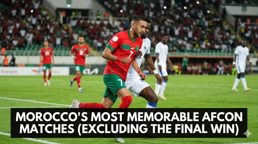 Morocco national team players celebrating during a dramatic Africa Cup of Nations match, representing some of the Atlas Lions' most memorable AFCON moments beyond their championship triumph.