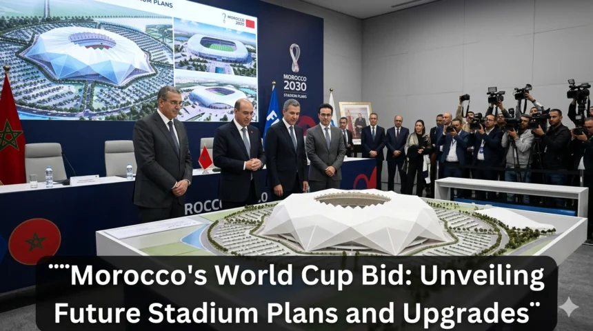 Modern football stadiums across Morocco undergoing development and renovation for future FIFA World Cup hosting duties, featuring advanced designs, expanded seating, and world-class infrastructure.