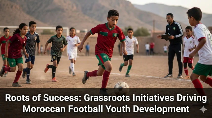 Young Moroccan footballers participating in a grassroots training program on a community pitch, guided by coaches and developing their skills in a supportive environment.