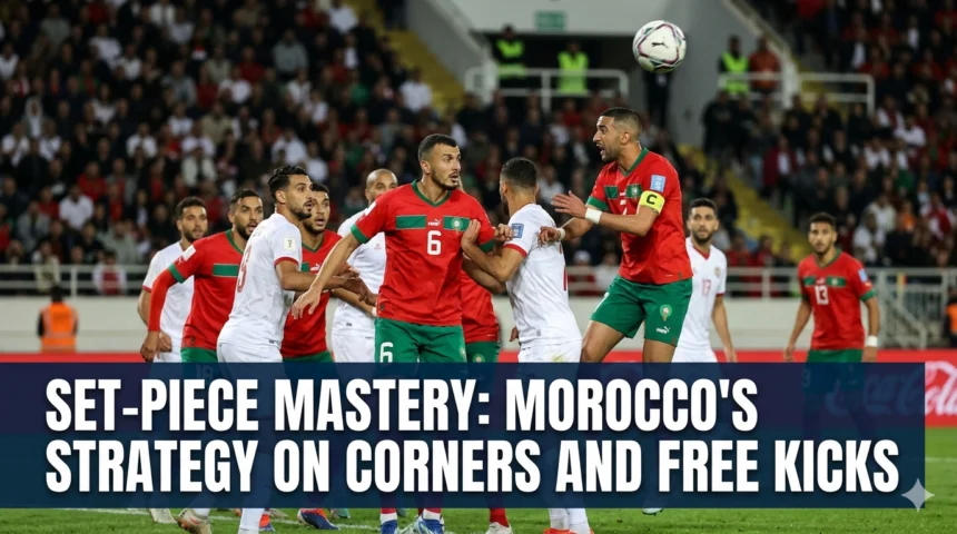 Morocco national team players preparing for a corner kick and free-kick situation, demonstrating tactical organization, movement patterns, and aerial strength in set-piece play.