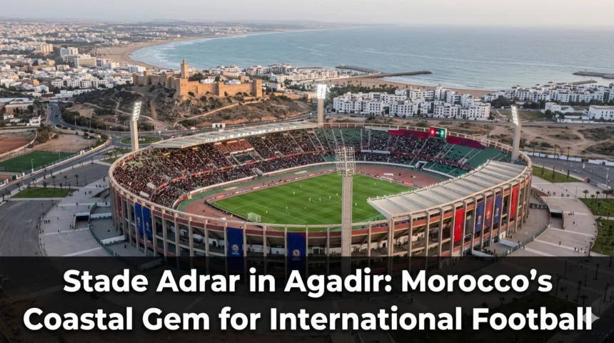 Stade Adrar in Agadir, Morocco, a modern 45,000-seat football stadium on the Atlantic coast, hosting international matches and major tournaments against the backdrop of the Atlas Mountains.