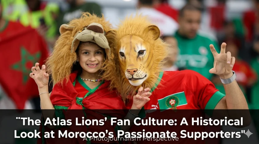 Passionate Morocco national team supporters waving flags, singing chants, and filling stadium stands with red and green colors during an Atlas Lions match.