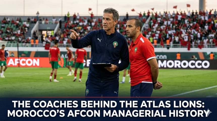 Morocco national team coaches directing the Atlas Lions during Africa Cup of Nations tournaments, representing the leadership and tactical evolution of Moroccan football across generations.