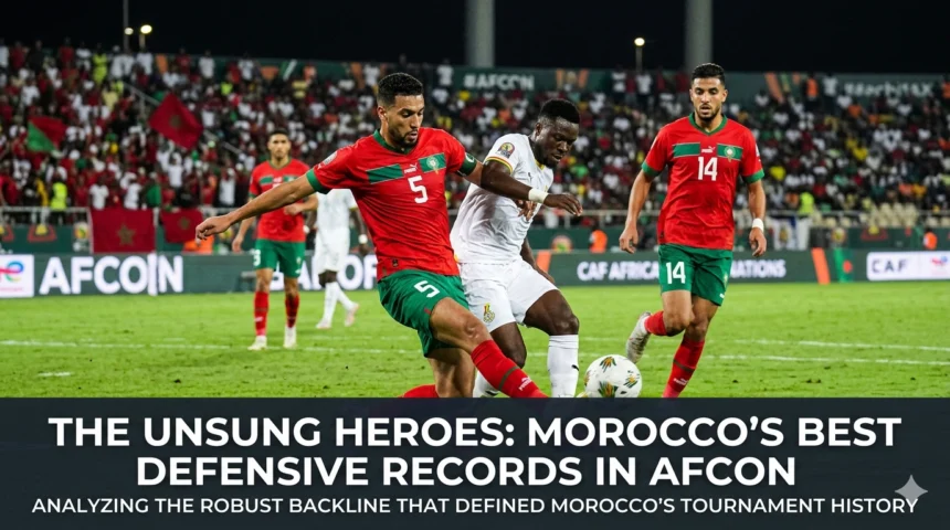 Morocco national team defenders and goalkeeper celebrating a clean sheet during an Africa Cup of Nations match, highlighting the defensive strength behind the Atlas Lions' success.