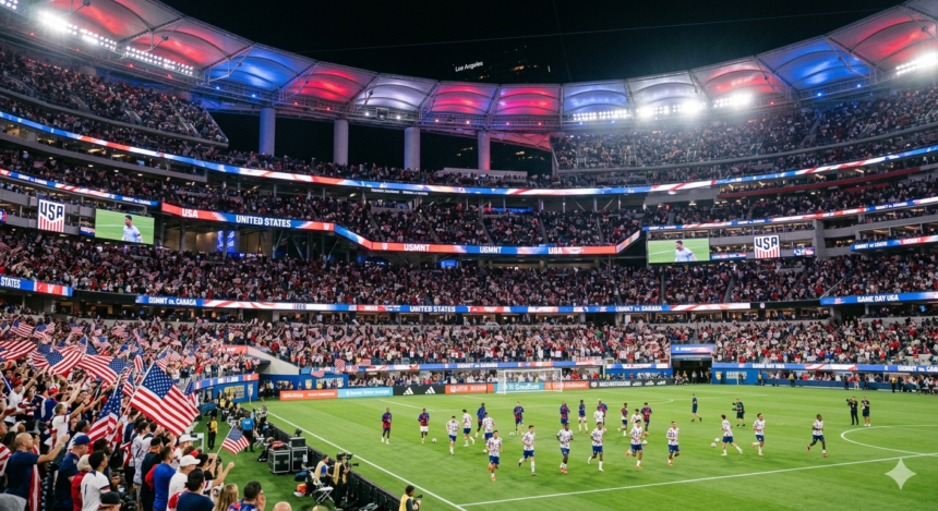 USA and Paraguay players competing during the FIFA World Cup 2026 opening match in Los Angeles as the United States begins its home World Cup campaign.