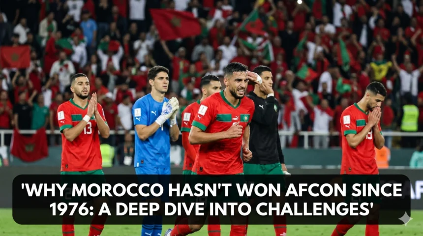 Morocco national team players competing in an Africa Cup of Nations match, symbolizing the challenges, near misses, and competitive obstacles faced since the 1976 AFCON triumph.