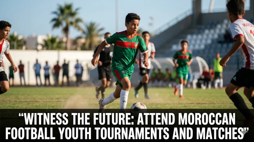 Young Moroccan football players competing in a youth tournament while scouts, coaches, and fans watch from the sidelines, highlighting the future stars of Moroccan football.