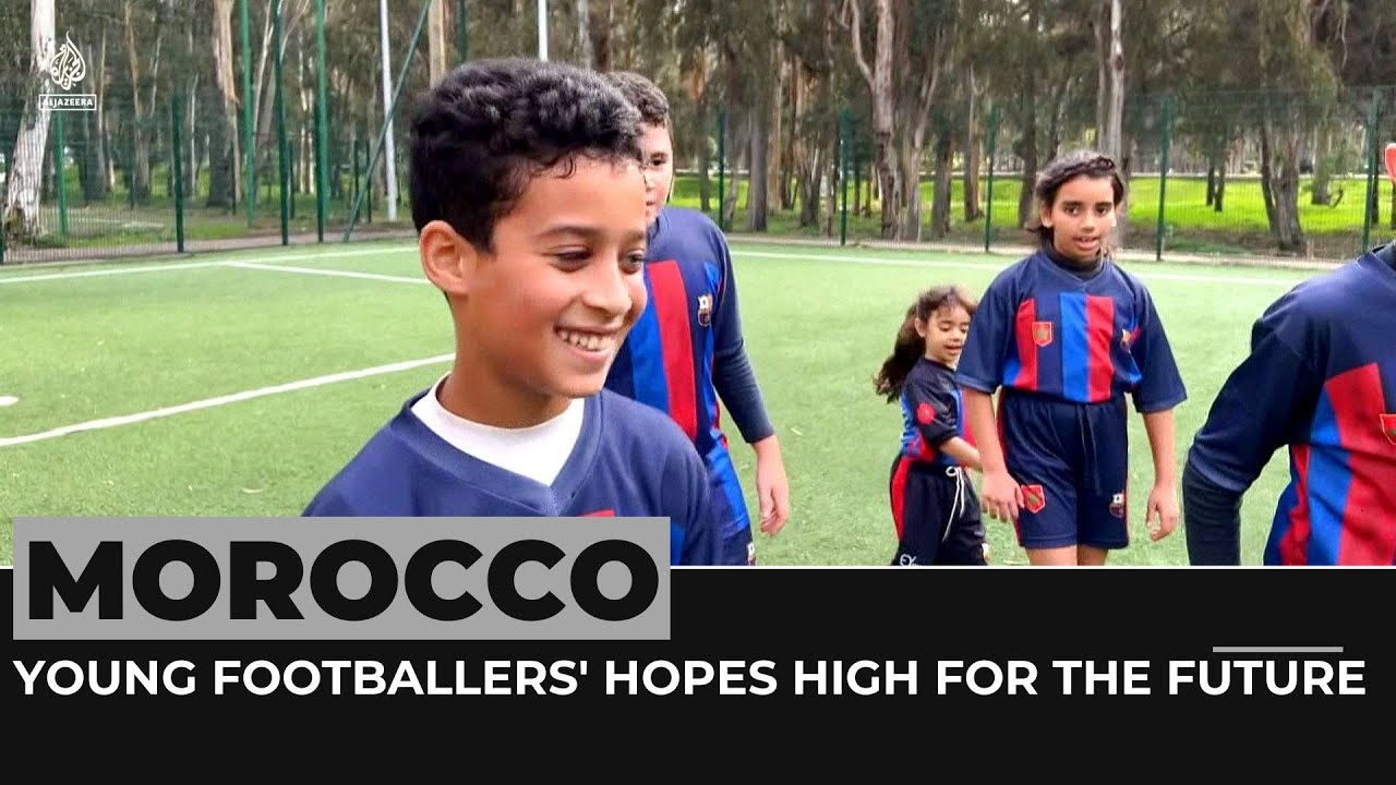 Young Moroccan football players training at a modern academy facility, representing the future of Moroccan football through youth development, coaching, and talent identification programs.