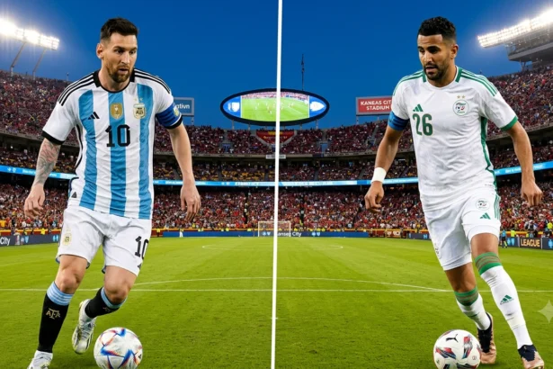 Lionel Messi and Riyad Mahrez match graphic for the Argentina vs Algeria World Cup 2026 Group J match in Kansas City.
