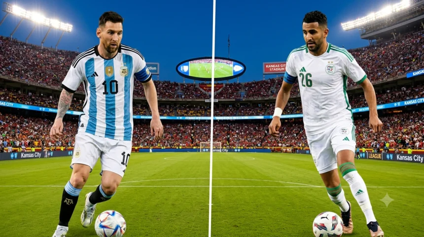 Lionel Messi and Riyad Mahrez match graphic for the Argentina vs Algeria World Cup 2026 Group J match in Kansas City.