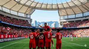 Canada players celebrate during their Group B match against Qatar at BC Place Stadium, Vancouver, in the 2026 FIFA World Cup