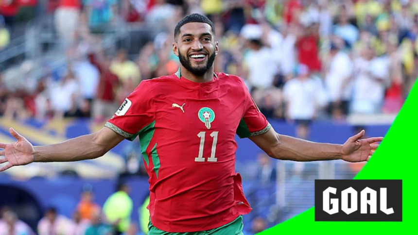 Ismael Saibari of Morocco celebrates scoring against Brazil at the 2026 FIFA World Cup Group C match at MetLife Stadium
