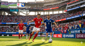 Switzerland and Bosnia-Herzegovina players in action during their Group B match at SoFi Stadium, Los Angeles, in the 2026 FIFA World Cup
