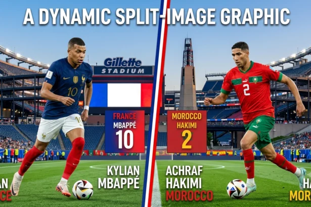 "France vs Morocco World Cup 2026 quarter-final preview graphic featuring Kylian Mbappe and Achraf Hakimi at Gillette Stadium Boston"