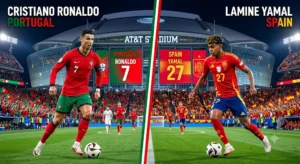 Portugal vs Spain World Cup 2026 Round of 16 match preview graphic featuring Cristiano Ronaldo and Lamine Yamal at AT&T Stadium Dallas