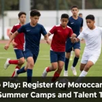 Young Moroccan football players participating in a summer training camp and talent tryout, demonstrating skills in front of coaches and scouts on a professional football field.
