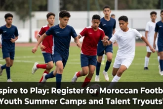 Young Moroccan football players participating in a summer training camp and talent tryout, demonstrating skills in front of coaches and scouts on a professional football field.