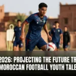 Promising Moroccan youth football players training in a modern academy environment, representing the future of the Atlas Lions and the next generation of professional football talent.