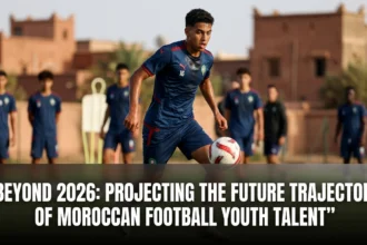 Promising Moroccan youth football players training in a modern academy environment, representing the future of the Atlas Lions and the next generation of professional football talent.
