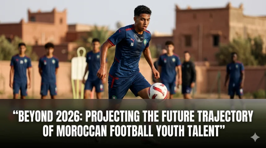Promising Moroccan youth football players training in a modern academy environment, representing the future of the Atlas Lions and the next generation of professional football talent.
