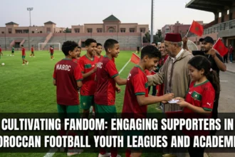 Families, supporters, and young football fans cheering from the stands during a Moroccan youth league match, creating an energetic community atmosphere around youth football development.