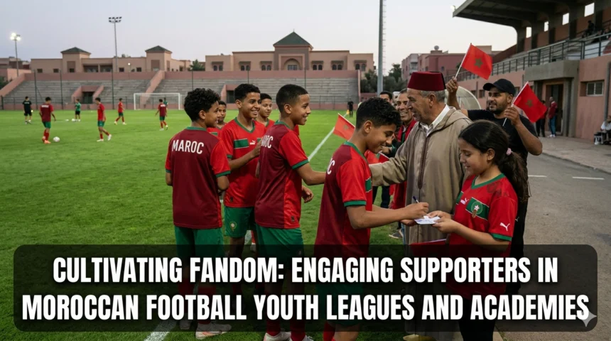 Families, supporters, and young football fans cheering from the stands during a Moroccan youth league match, creating an energetic community atmosphere around youth football development.