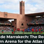 Stade de Marrakech, a modern football stadium in Marrakech, Morocco, hosting Atlas Lions matches and major international football events with the Atlas Mountains in the background.