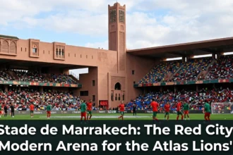 Stade de Marrakech, a modern football stadium in Marrakech, Morocco, hosting Atlas Lions matches and major international football events with the Atlas Mountains in the background.