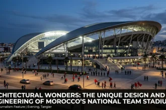 Architectural wonders Morocco Atlas Lions stadiums unique design engineering Hassan II aluminium lattice rooftop gardens moussem 115000