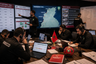 Morocco National Team Atlas Lions behind-the-scenes logistics coordination for 2026 World Cup fixtures including travel, training camp at Mohammed VI Complex, and airport operations for AFCON 2025