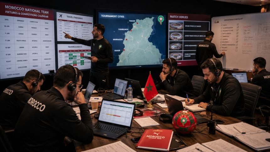 Morocco National Team Atlas Lions behind-the-scenes logistics coordination for 2026 World Cup fixtures including travel, training camp at Mohammed VI Complex, and airport operations for AFCON 2025