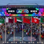 Eight Arab national football teams standing together at the 2026 FIFA World Cup, symbolizing a historic milestone for Arab football on the global stage.
