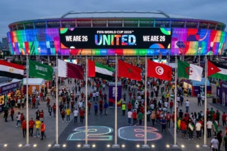 Eight Arab national football teams standing together at the 2026 FIFA World Cup, symbolizing a historic milestone for Arab football on the global stage.