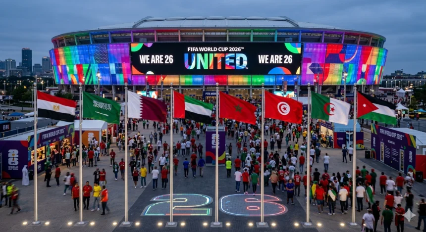 Eight Arab national football teams standing together at the 2026 FIFA World Cup, symbolizing a historic milestone for Arab football on the global stage.